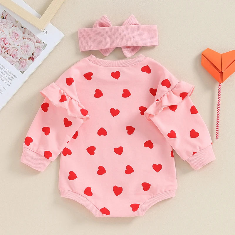 0-18M Newborn Baby Girl Valentine's Day Outfits Ruffle Long Sleeve Heart Print Romper with Headband Set Infant Clothes