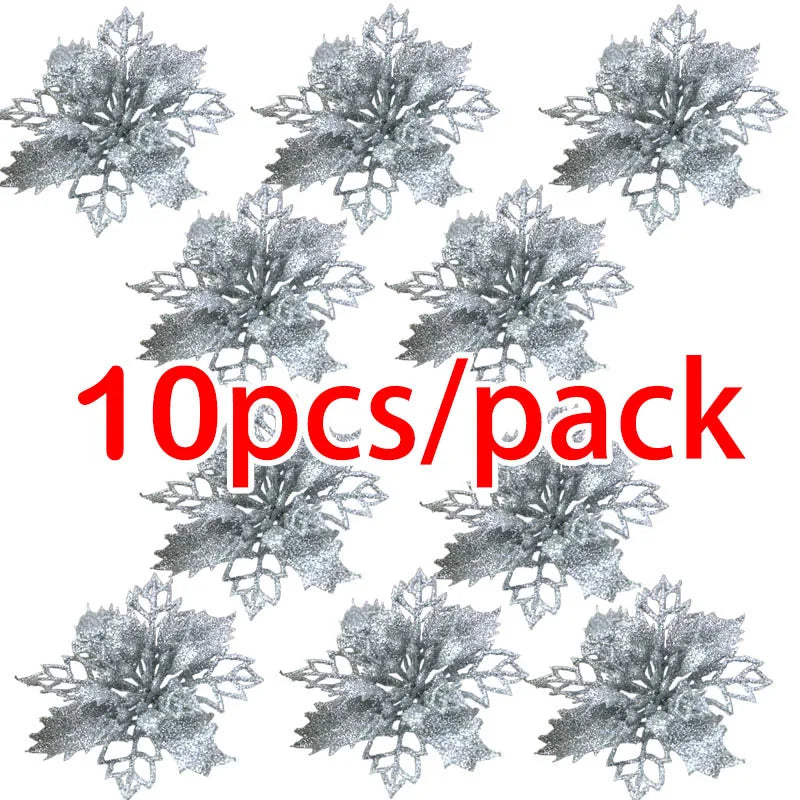 10pcs Artificial Christmas Tree Flower Glitter Decorations