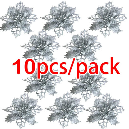 10pcs Artificial Christmas Tree Flower Glitter Decorations