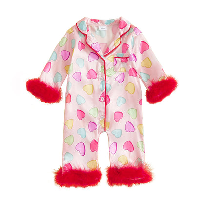 Baby Girl Romper Long Sleeve Lapel Collar Heart Print Jumpsuit Pajamas